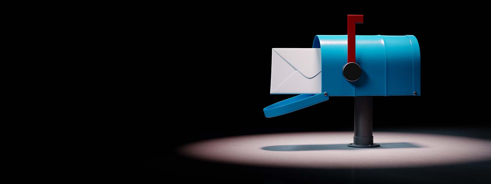 Blue Mailbox with Envelop Spotlighted on Black Background with Copy Space 3D Illustration